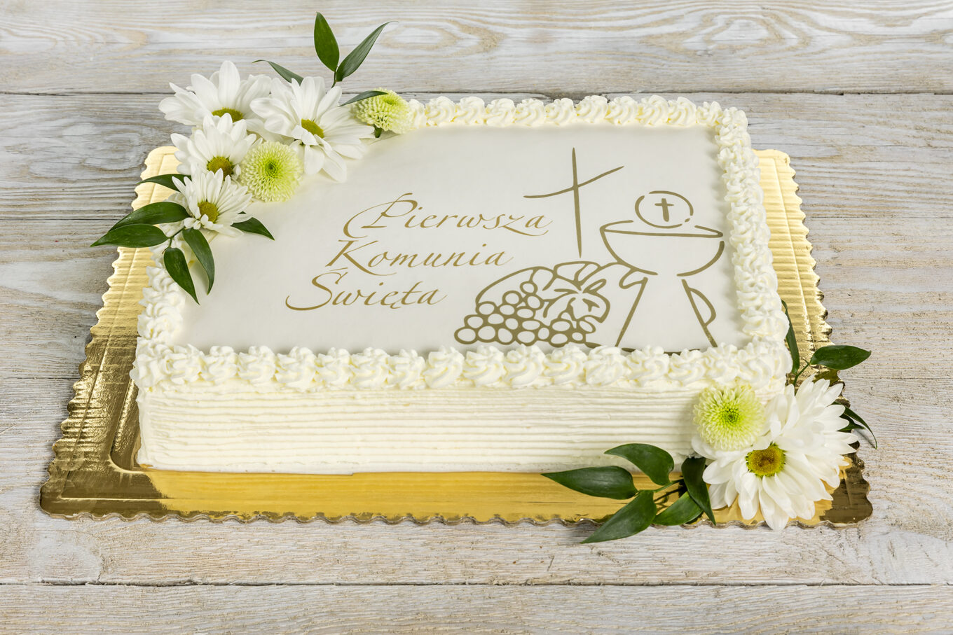 торт для причастя прямокутні вафельні квіти Кондитерська Яцека Плацека є синонімом смаку домашньої випічки з натуральних продуктів.