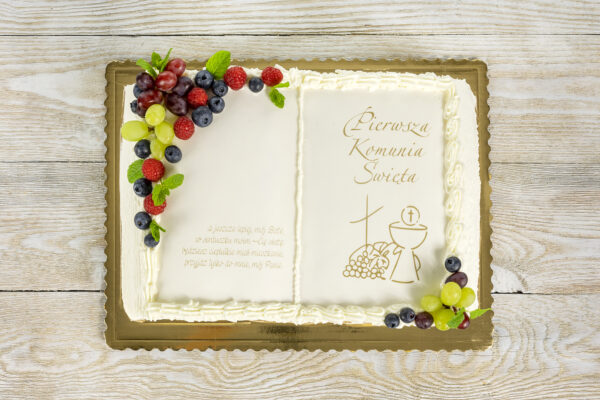 tort na komunię książka z owocami Cukiernia Jacek Placek to synonim smaku domowych ciast z naturalnych produktów.