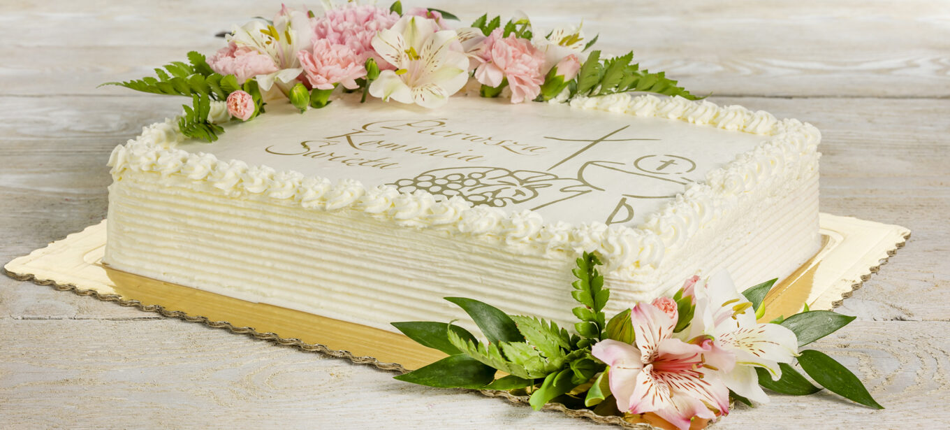 banner communion cake Cukiernia Jacek Placek is synonymous with the taste of homemade cakes made of natural products.